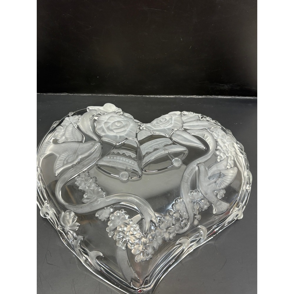Heart Shaped Glass Bowl Frosted Wedding Bells Roses Doves Clear Dish Decor